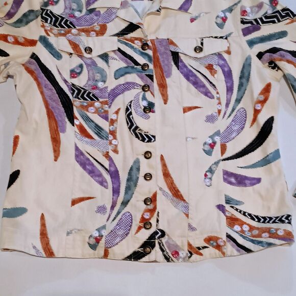Chicos Abstract Print Button Up Jacket-Size 1 / Medium-Linen Blend-Pockets-ASOTV - Picture 3 of 8